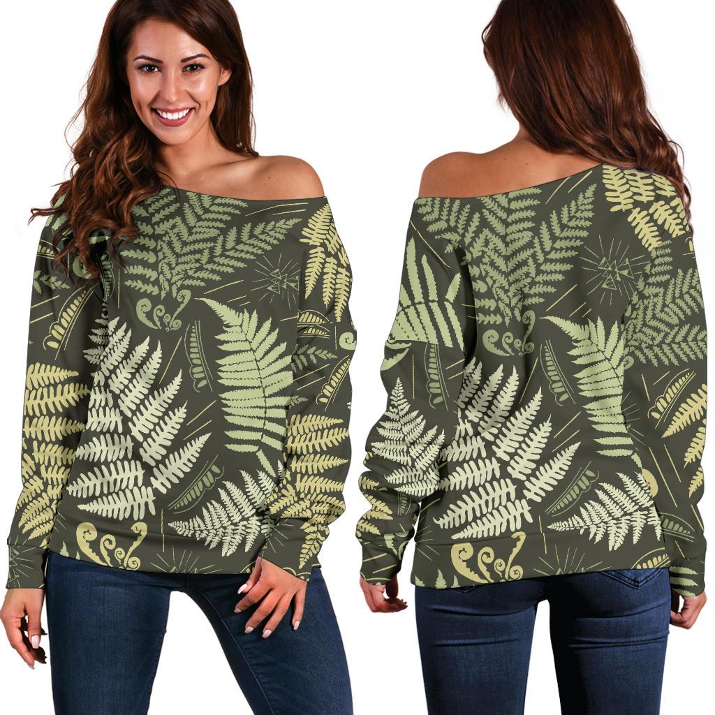 Fern Leave Green Print Pattern Off Shoulder Sweatshirt
