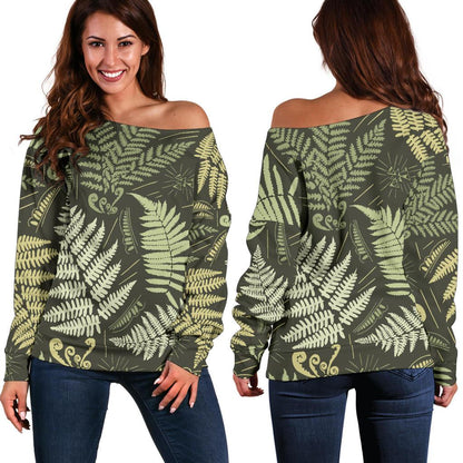 Fern Leave Green Print Pattern Off Shoulder Sweatshirt