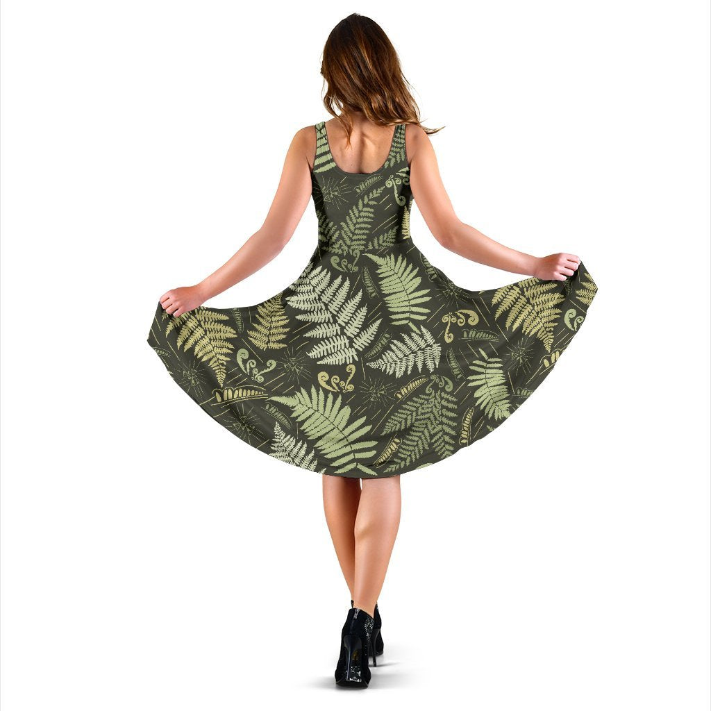 Fern Leave Green Print Pattern Sleeveless Dress