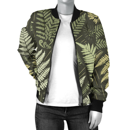Fern Leave Green Print Pattern Women Casual Bomber Jacket
