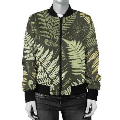 Fern Leave Green Print Pattern Women Casual Bomber Jacket