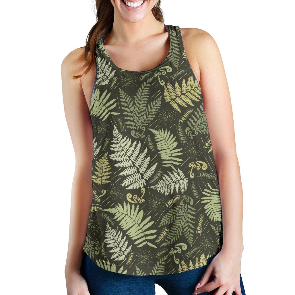 Fern Leave Green Print Pattern Women Racerback Tank Top