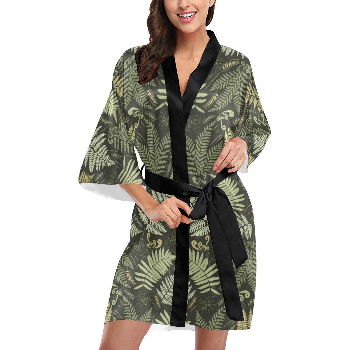 Fern Leave Green Print Pattern Women Short Kimono Robe