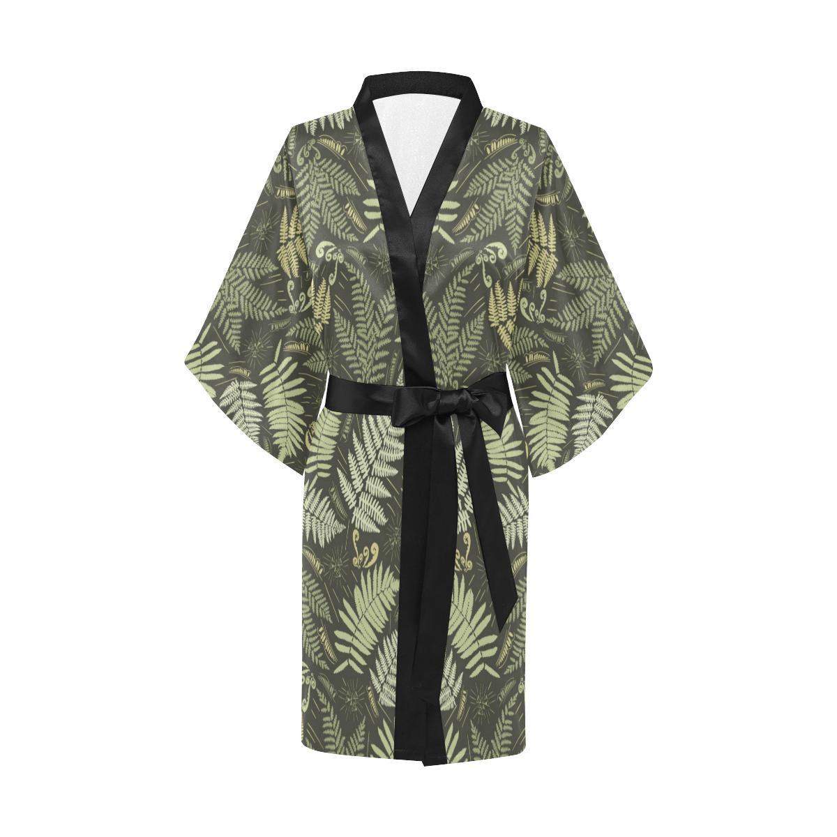 Fern Leave Green Print Pattern Women Short Kimono Robe