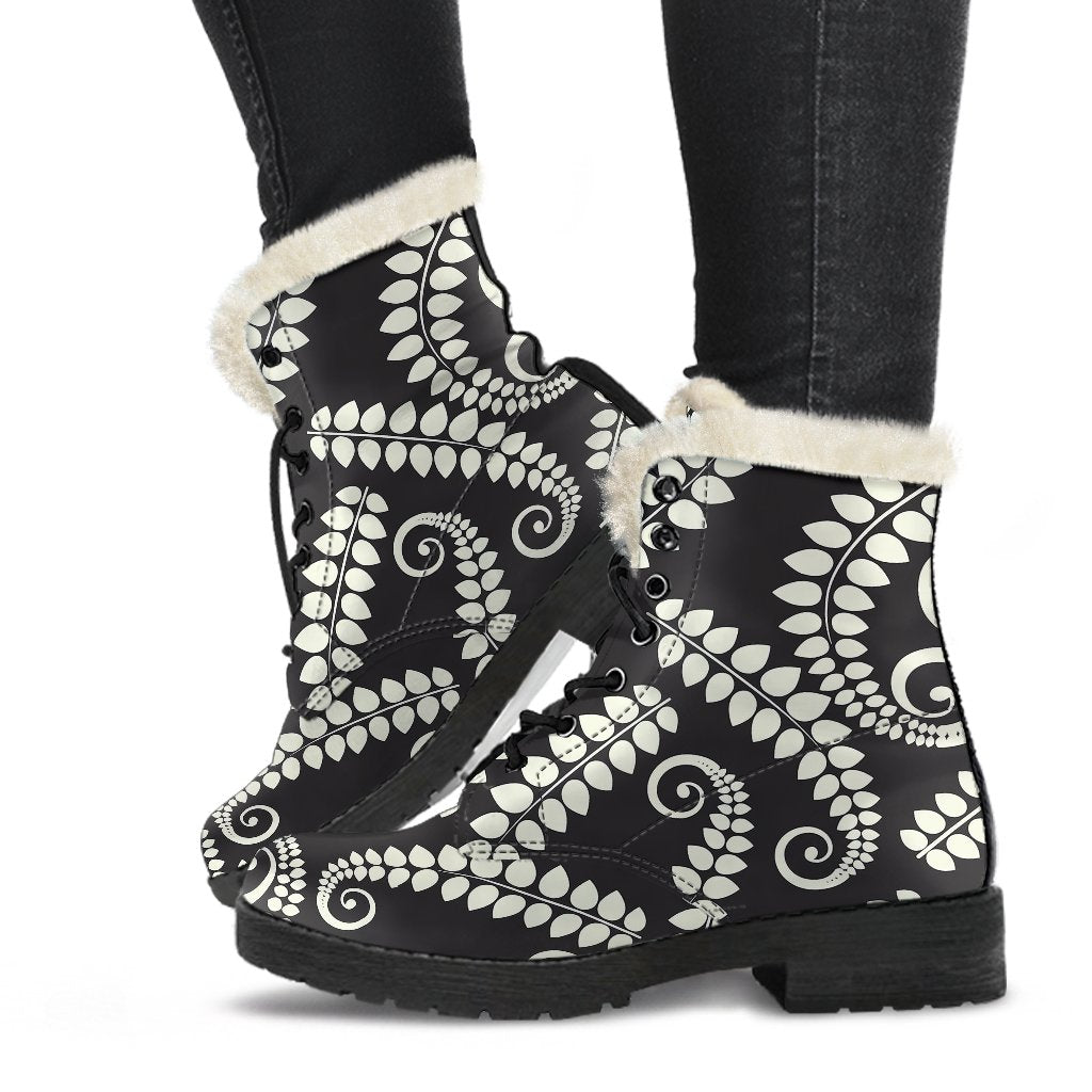 Fern Leave Print Pattern Faux Fur Leather Boots-JTAMIGO.COM