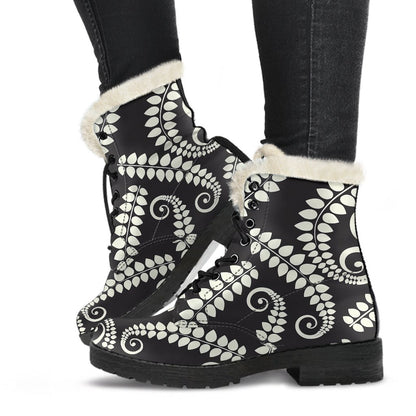 Fern Leave Print Pattern Faux Fur Leather Boots-JTAMIGO.COM