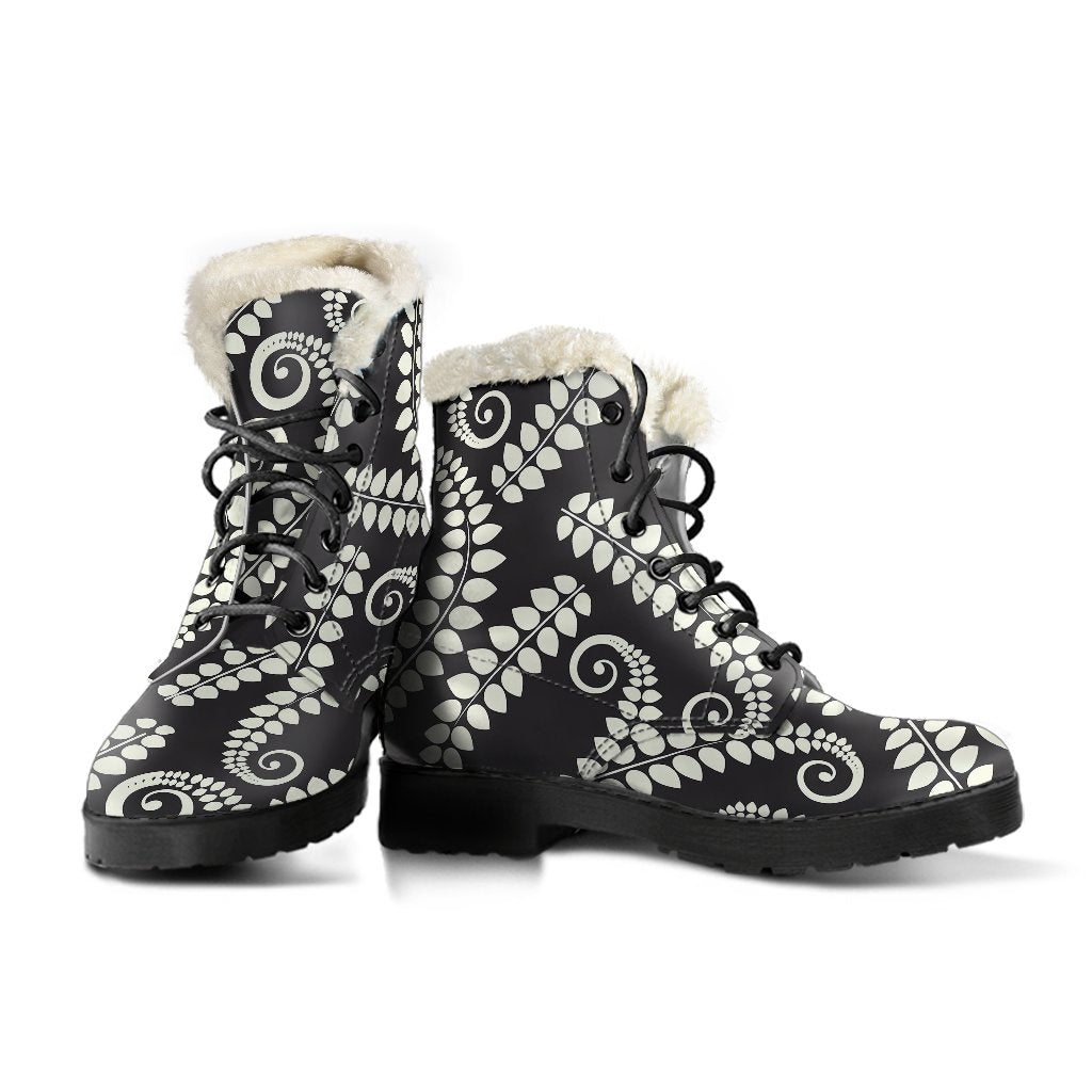 Fern Leave Print Pattern Faux Fur Leather Boots-JTAMIGO.COM