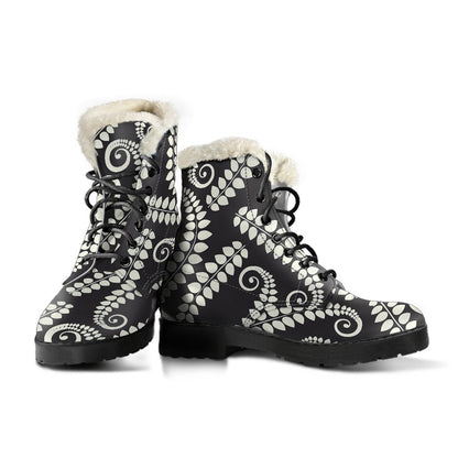 Fern Leave Print Pattern Faux Fur Leather Boots-JTAMIGO.COM
