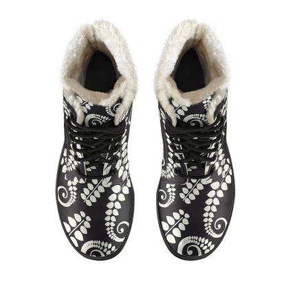 Fern Leave Print Pattern Faux Fur Leather Boots-JTAMIGO.COM