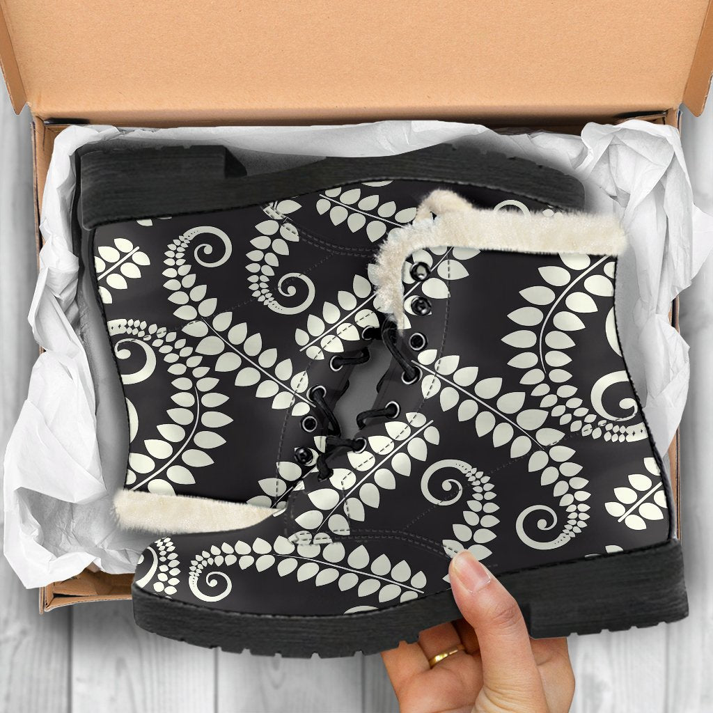 Fern Leave Print Pattern Faux Fur Leather Boots-JTAMIGO.COM