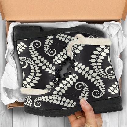 Fern Leave Print Pattern Faux Fur Leather Boots-JTAMIGO.COM