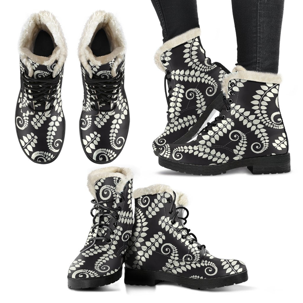 Fern Leave Print Pattern Faux Fur Leather Boots-JTAMIGO.COM