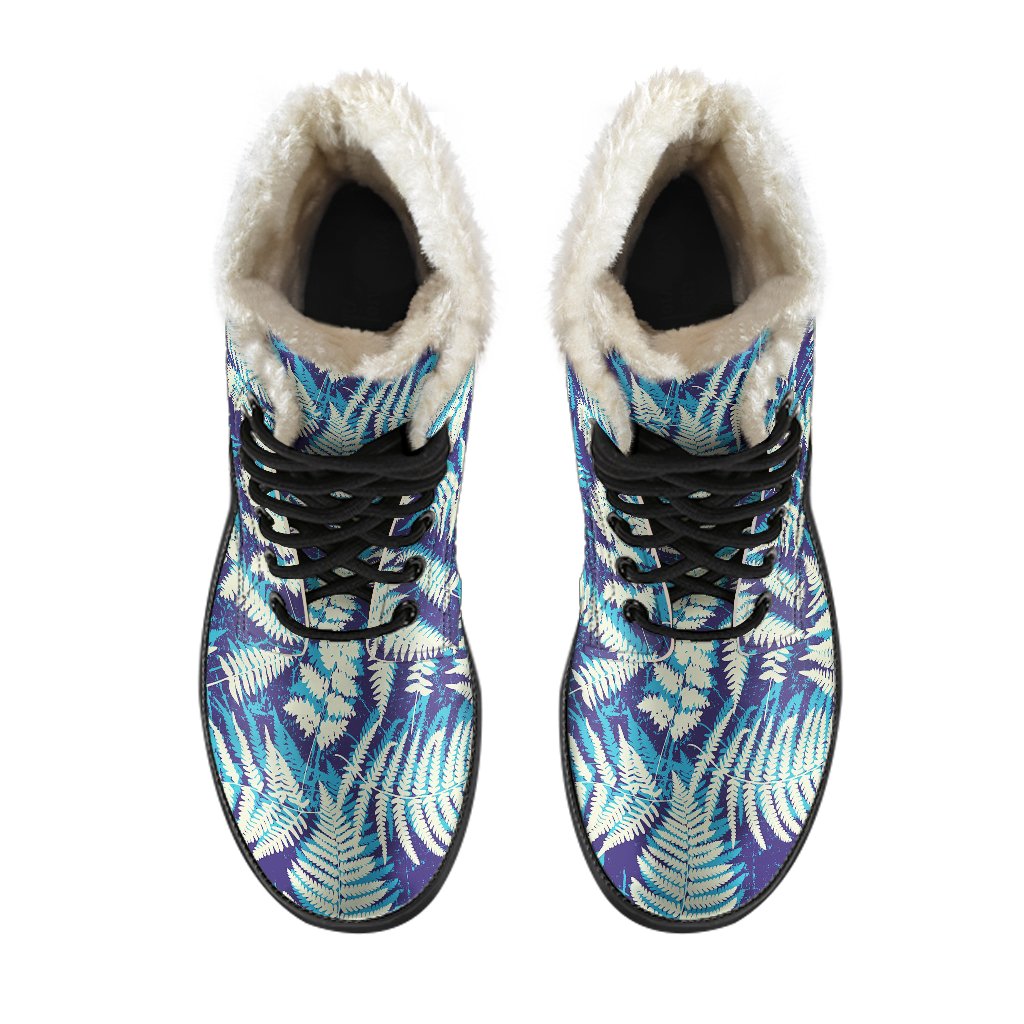 Fern Leave Summer Print Pattern Faux Fur Leather Boots-JTAMIGO.COM