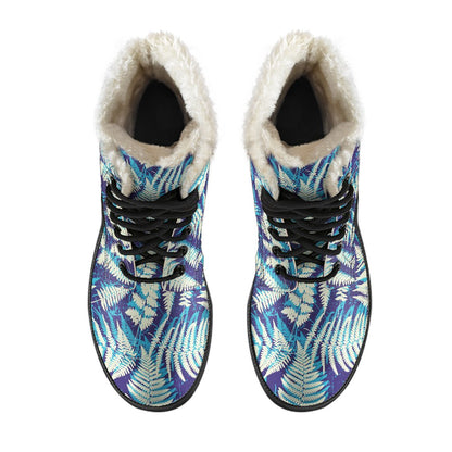 Fern Leave Summer Print Pattern Faux Fur Leather Boots-JTAMIGO.COM