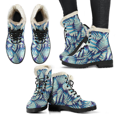 Fern Leave Summer Print Pattern Faux Fur Leather Boots-JTAMIGO.COM