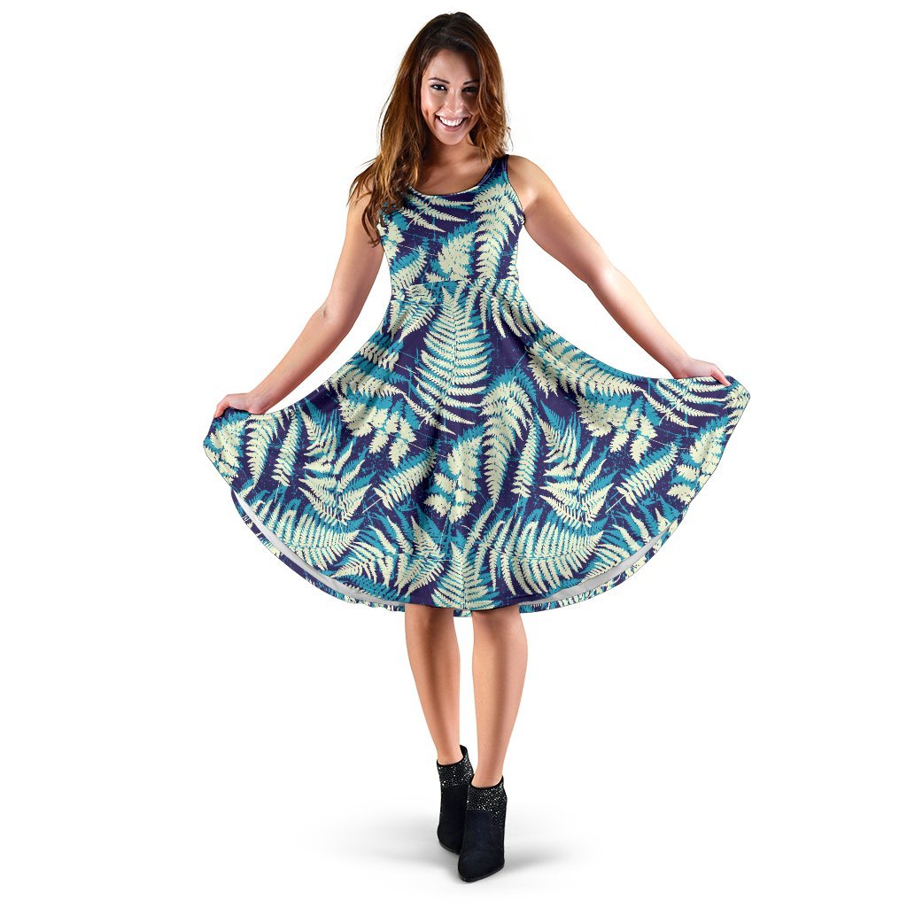 Fern Leave Summer Print Pattern Sleeveless Dress