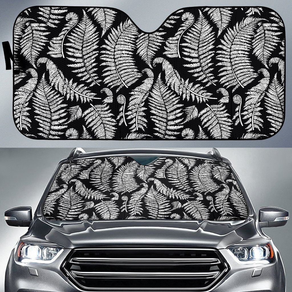 Fern Leaves Black White Print Pattern Car Sun Shade For Windshield
