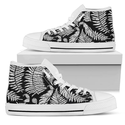 Fern Leaves Black White Print Pattern Women High Top Shoes