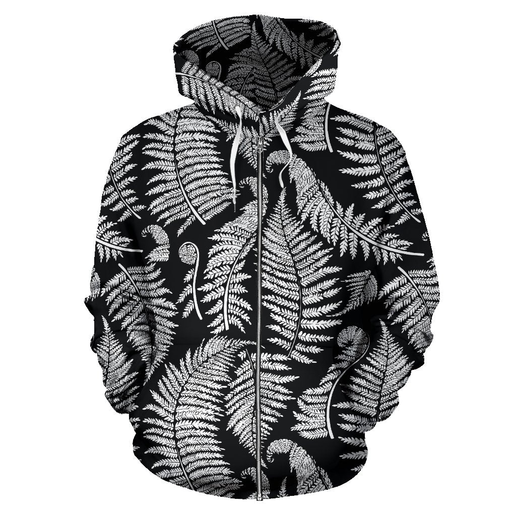 Fern Leaves Black White Print Pattern Zip Up Hoodie