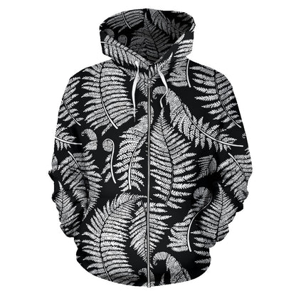 Fern Leaves Black White Print Pattern Zip Up Hoodie