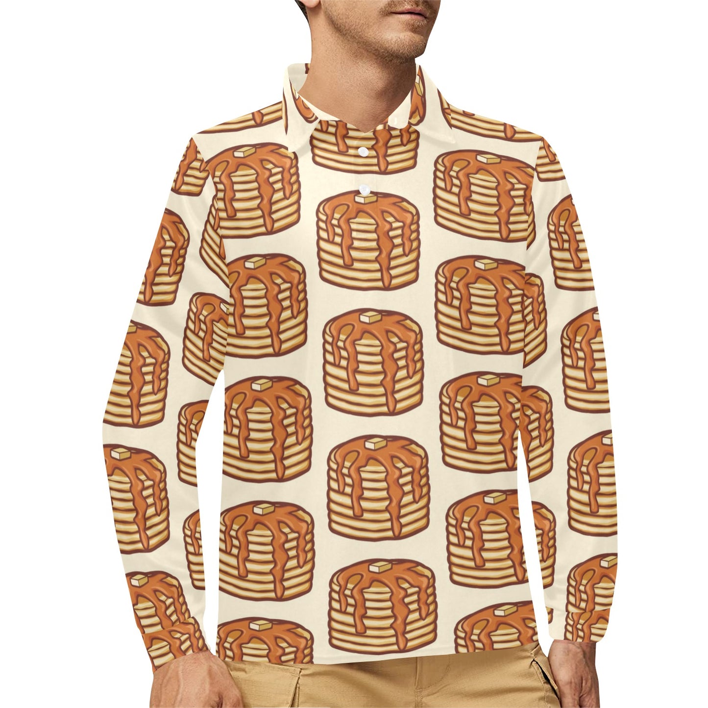 Pancake Pattern Print Design A02 Long Sleeve Polo Shirt For Men's