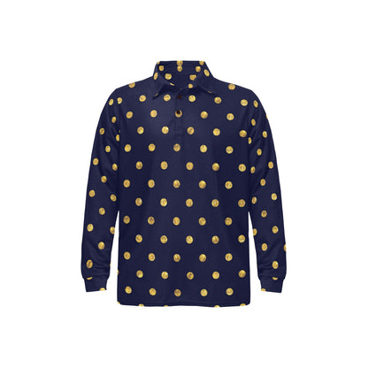 Polka Dot Gold Blue Pattern Print Design 02 Long Sleeve Polo Shirt For Men's