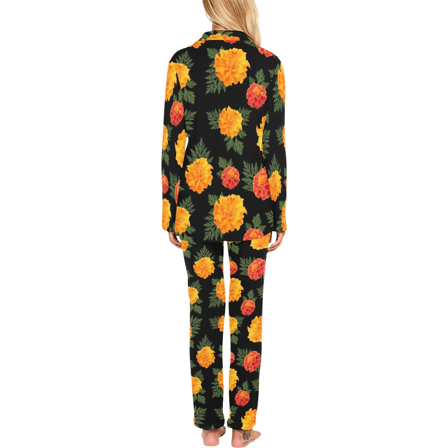 Marigold Pattern Print Design MR05 Women's Long Pajama Set