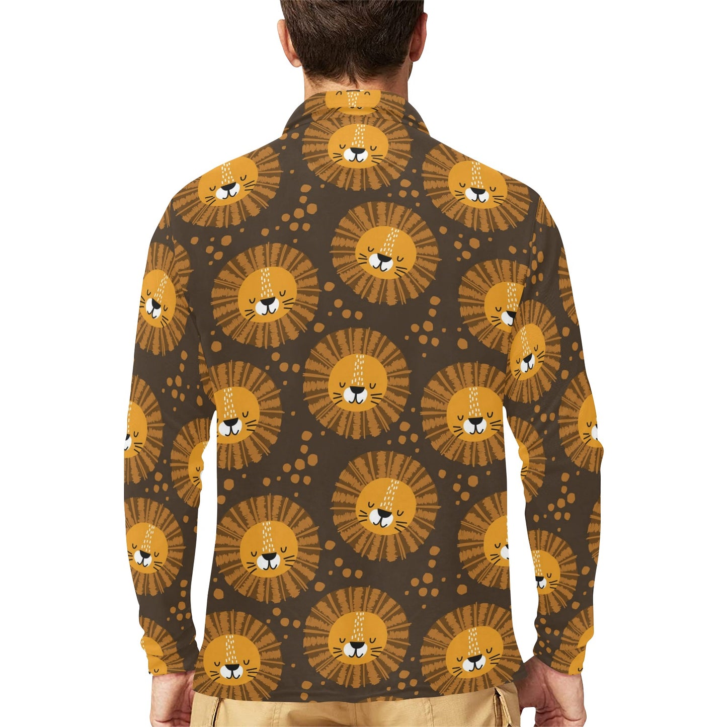 Lion Cartoon Pattern Print Design 01 Long Sleeve Polo Shirt For Men's