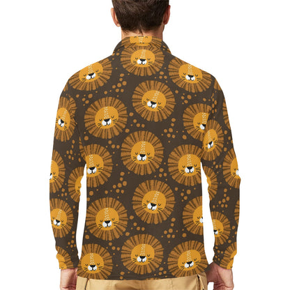 Lion Cartoon Pattern Print Design 01 Long Sleeve Polo Shirt For Men's
