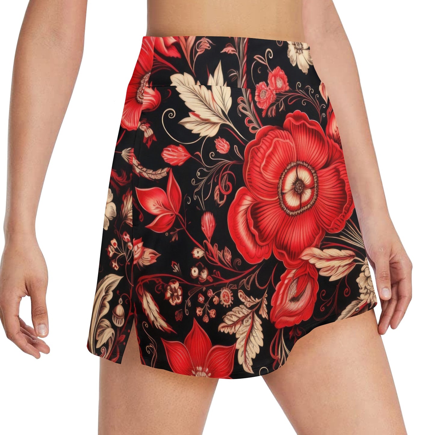Bandana Style with Red Hibiscus Women's Golf Skirt with Pocket