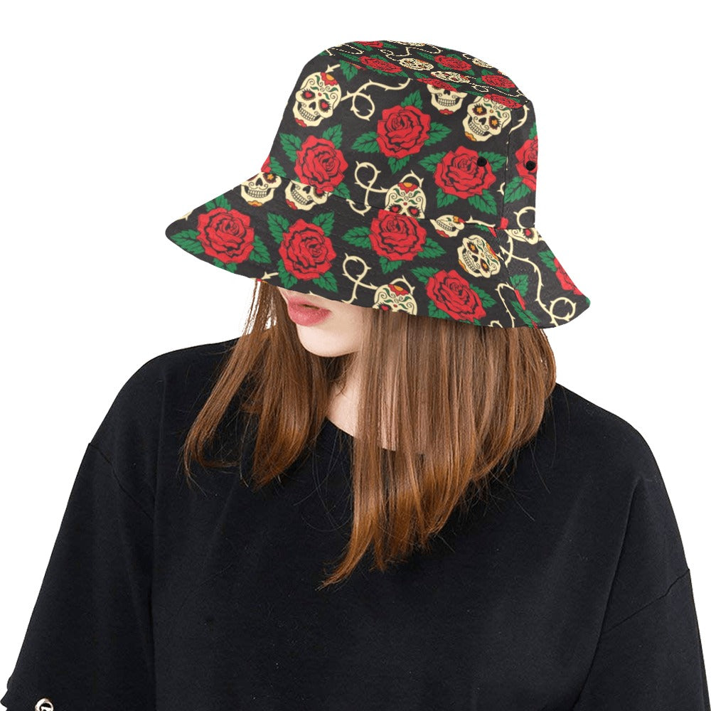 Sugar Skull Red Rose Print Design LKS301 Unisex Bucket Hat