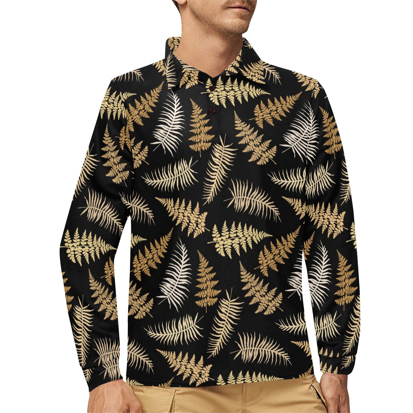 Fern Leave Bright Print Pattern Long Sleeve Polo Shirt For Men's