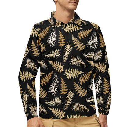 Fern Leave Bright Print Pattern Long Sleeve Polo Shirt For Men's