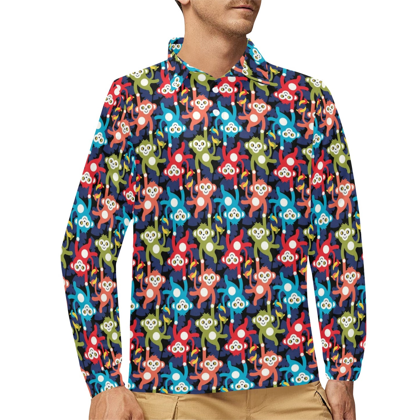Monkey Colorful Design Themed Print Long Sleeve Polo Shirt For Men's
