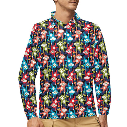 Monkey Colorful Design Themed Print Long Sleeve Polo Shirt For Men's