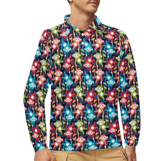 Monkey Colorful Design Themed Print Long Sleeve Polo Shirt For Men's