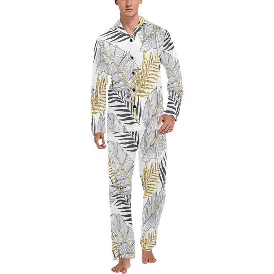 Gold Glitter Tropical Palm Leaves Men's Long Pajama Set