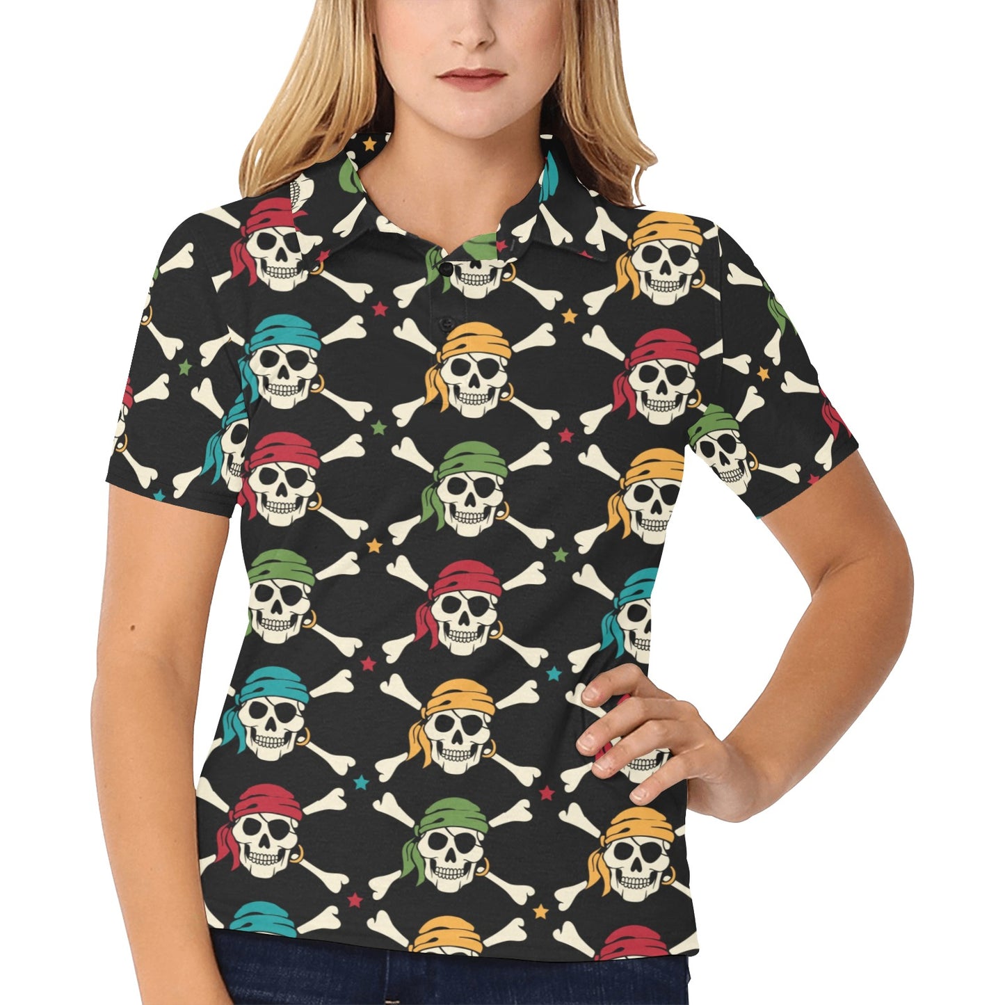 Pirate Pattern Print Design A01 Women's Polo Shirt