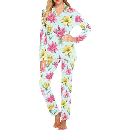 Lily Pattern Print Design LY010 Women's Long Pajama Set