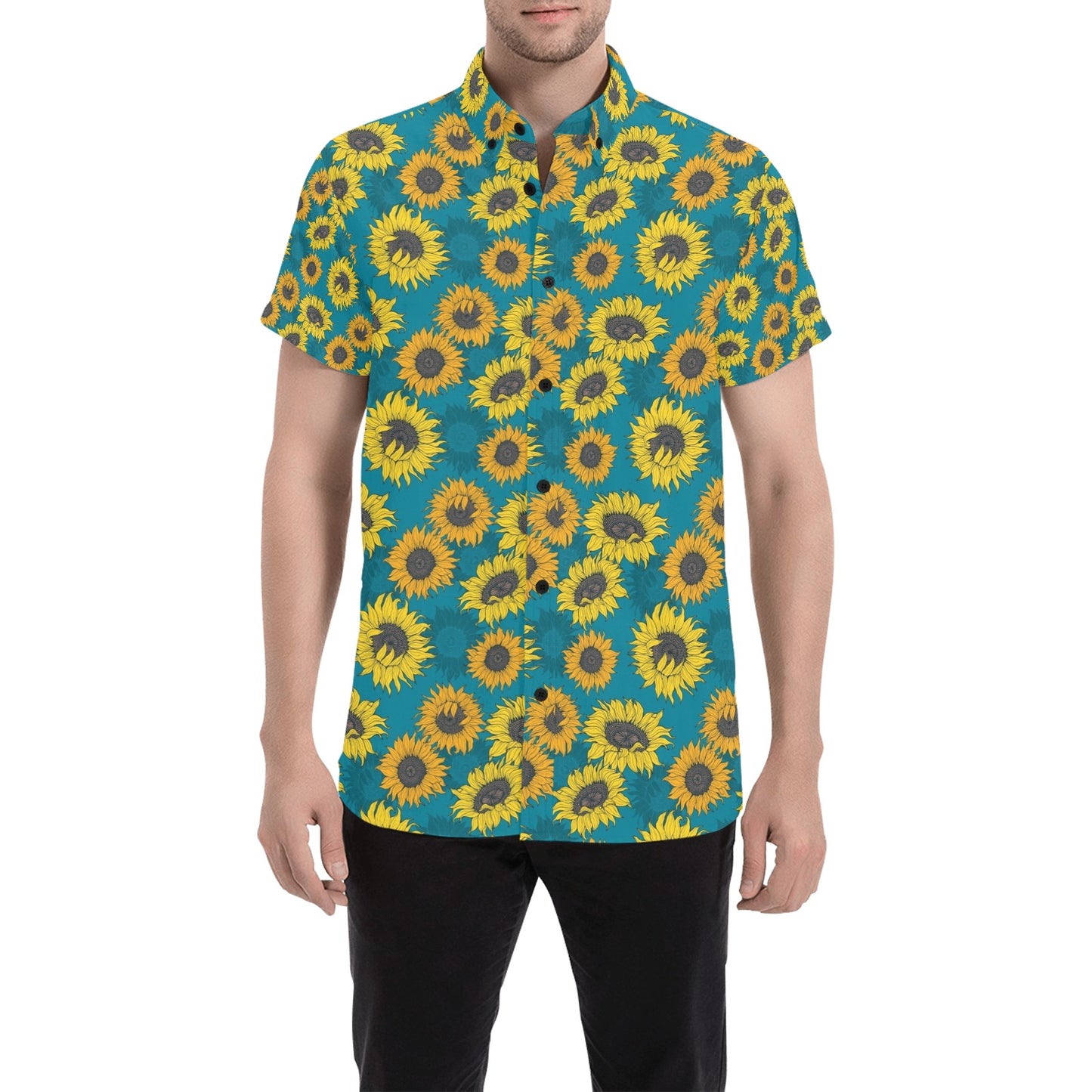 Sunflower Print Design LKS301 Men Short Sleeve Button Up Shirt