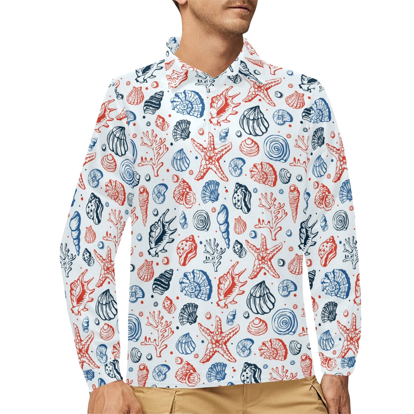 Seashell Print Design LKS307 Long Sleeve Polo Shirt For Men's