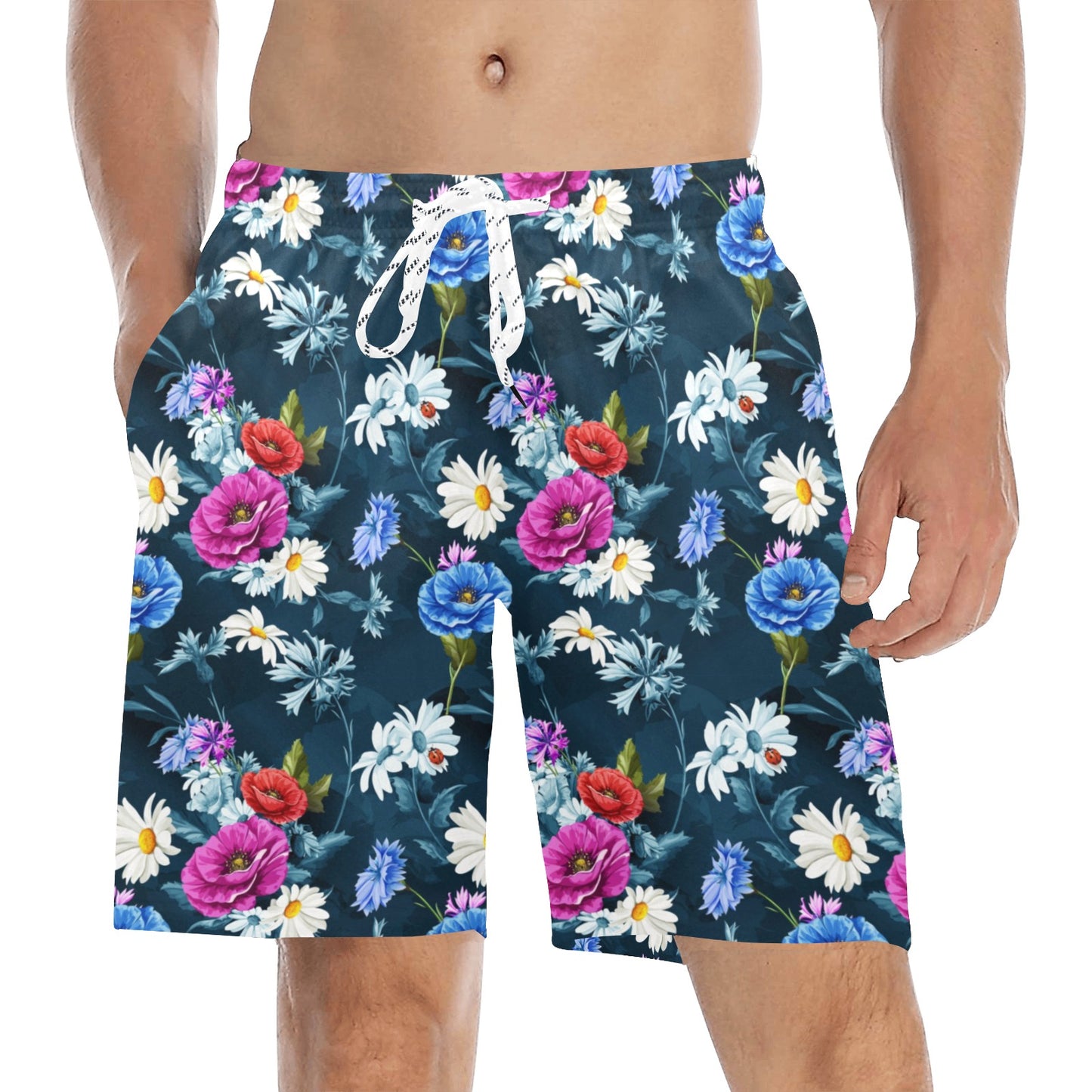 Floral Blue Themed Print Men's Swim Trunks Beach Shorts