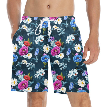 Floral Blue Themed Print Men's Swim Trunks Beach Shorts