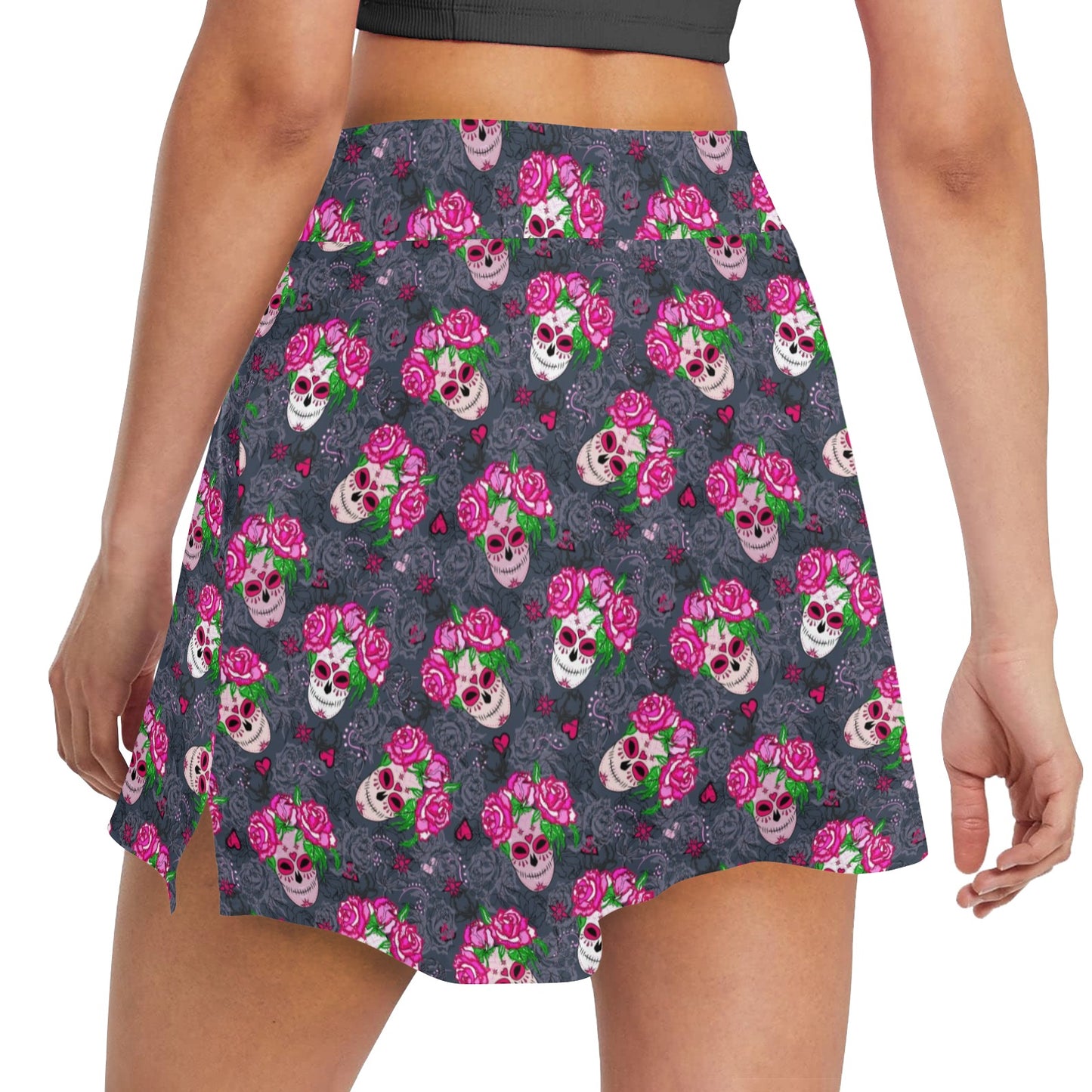 Sugar Skull Pink Rose Themed Print 17" Golf & Pickleball Skort with Pockets