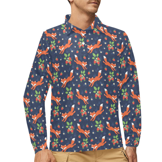 Fox Strawberry Print Pattern Long Sleeve Polo Shirt For Men's