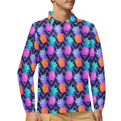 Pineapple Color Art Pattern Long Sleeve Polo Shirt For Men's