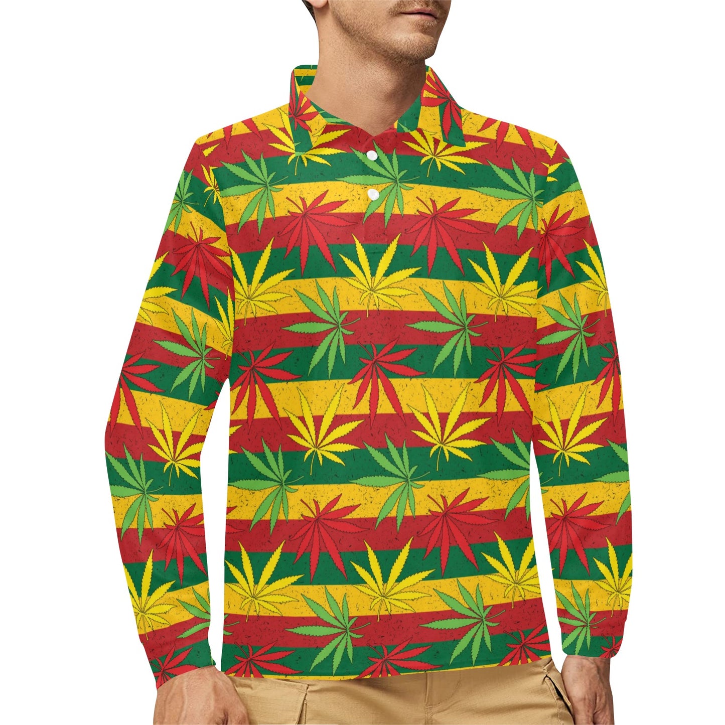 Rasta Pattern Print Design A03 Long Sleeve Polo Shirt For Men's