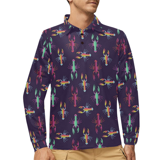Lobster Print Design LKS402 Long Sleeve Polo Shirt For Men's