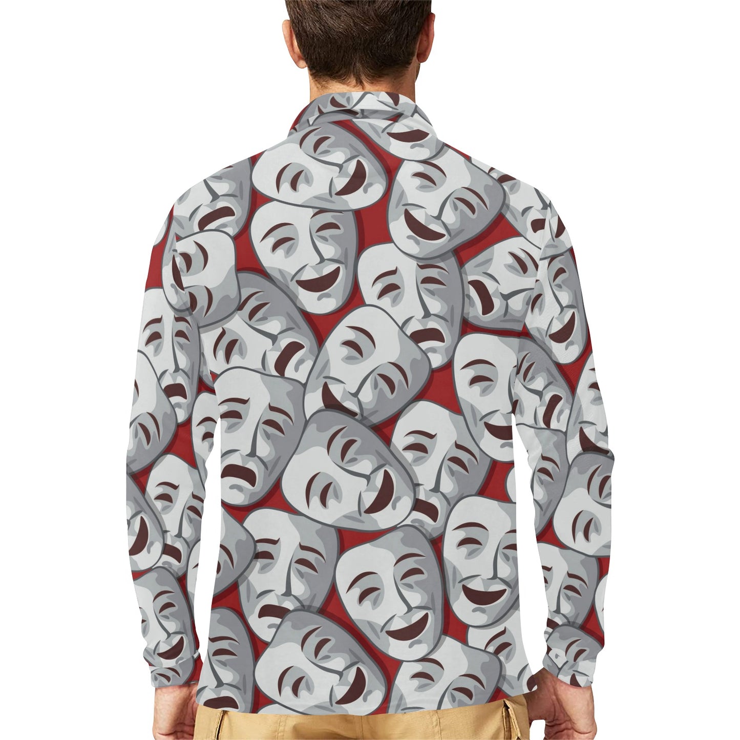 Acting Mask Pattern Print Design 01 Long Sleeve Polo Shirt For Men's