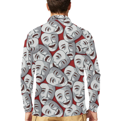 Acting Mask Pattern Print Design 01 Long Sleeve Polo Shirt For Men's